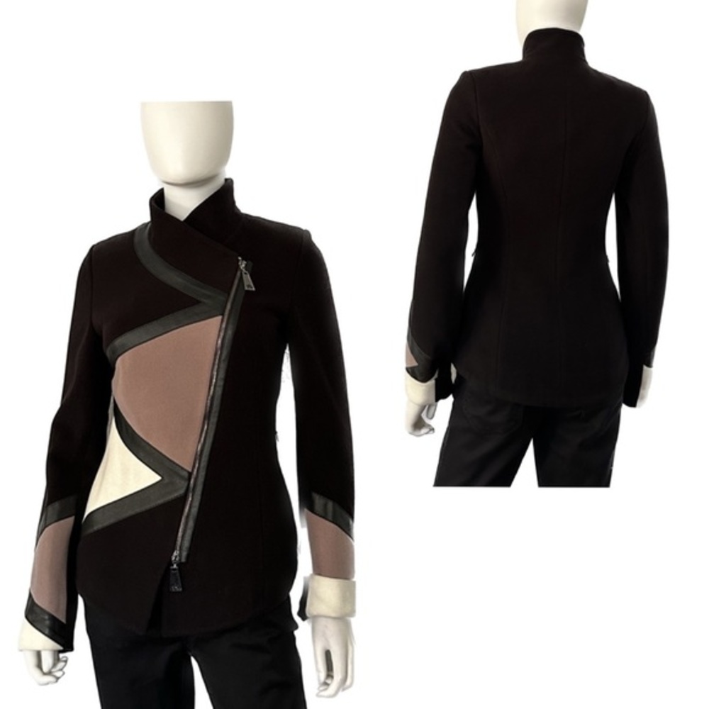 NWT WOMEN‎ COAT ASYMMETRIC ZIPPED COLOR-BLOCKED JACKET STAND-UP COLLAR LINED